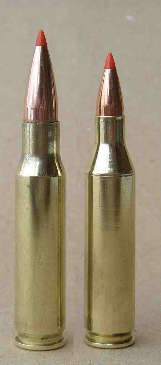 The .243 Winchester (right) is based on a necked-down .308 Winchester case (left).